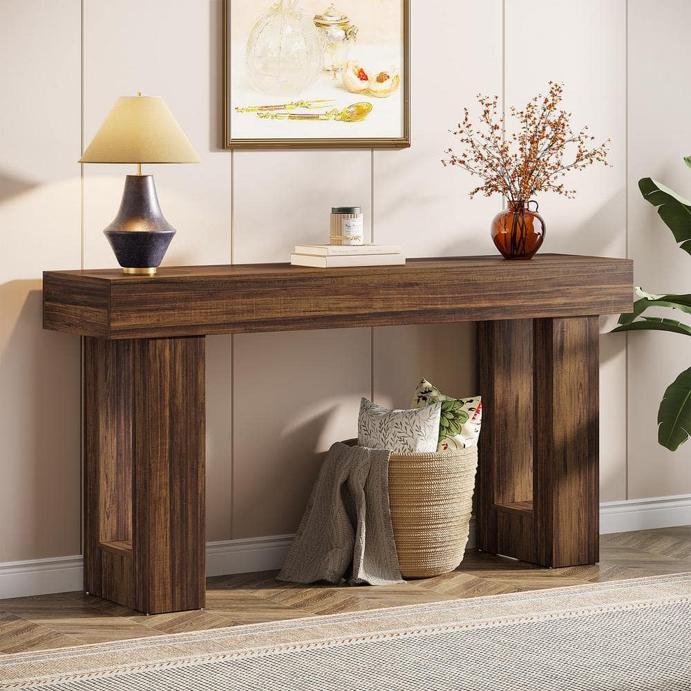 63-Inch Rustic Brown Wooden Console Table with Storage
