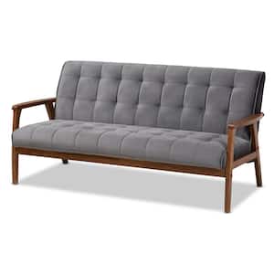 Asta 63.9 in. Gray/Walnut Polyester 3-Seater Cabriole Sofa with Square Arms