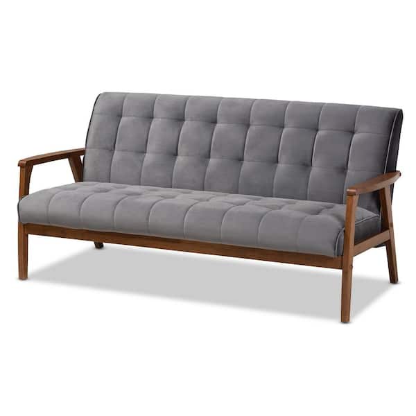 Baxton Studio Asta 63.9 in. Gray/Walnut Polyester 3-Seater Cabriole Sofa with Square Arms