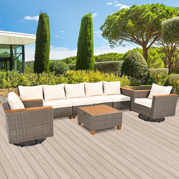 Unbranded 8-Piece Wicker Outdoor Patio Conversation Set with Beige Cushions for Backyard, Porch, and Garden