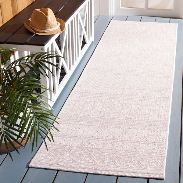 Courtyard Ivory/Pink 2 ft. x 8 ft. Striped Tribal Chevron Indoor/Outdoor Runner Rug