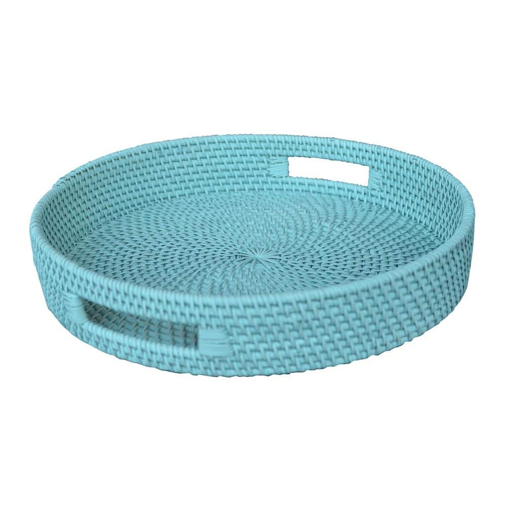 Light Blue Round Rattan Decorative Tray