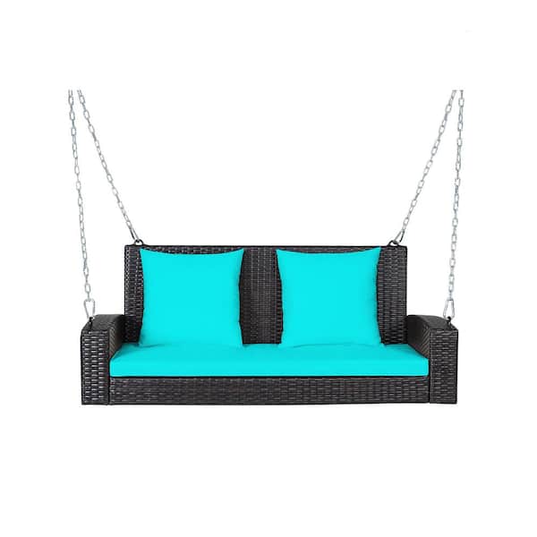 WELLFOR 2-Person Black Wicker Outoor Patio Porch Swing with Turquoise Cushions
