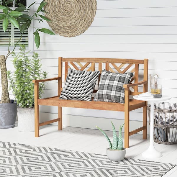 Patio Acacia Wood 2-Person Slatted Bench Outdoor Loveseat Chair Garden Natural
