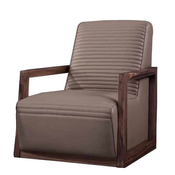 Benjara Brown Leather Accent Chair with Wooden Arms BM226943 The Home