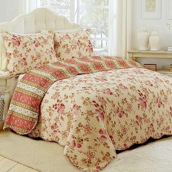 BEAUTIFUL VINTAGE CHIC COTTAGE IVORY YELLOW GOLD RED PINK GREEN ROSE QUILT SET 