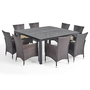 Bragdon Matte Black and Multi-Brown 9-Piece Aluminum and Faux Rattan Square Outdoor Dining Set with Beige Cushions