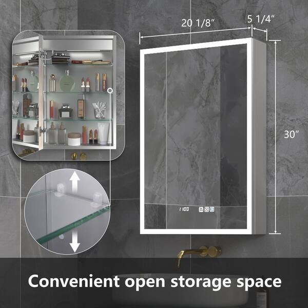 20 in. W x 30 in. H Rectangular Silver Aluminum Recessed/Surface Mount Left Medicine Cabinet with Mirror, LED and Clock