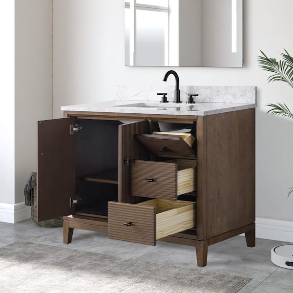 42 in. W x 22 in. D Single Sink Freestanding Walnut Bath Vanity Cabinet with White Engineered Marble Top