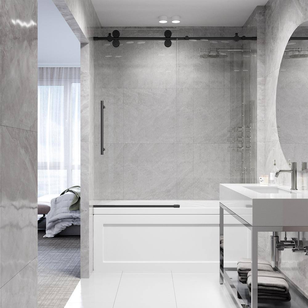 Elan 60" Matte Black Frameless Sliding Tub Door with Fluted Glass