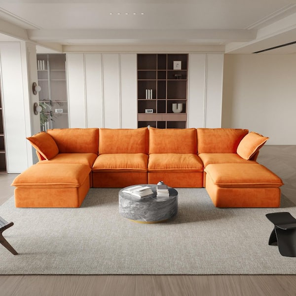 J&E Home 162.98 in. Flared Arm 5-Piece Linen Down-Filled Deep Seat Modular Free Combination Sectional Sofa with Ottoman in Orange