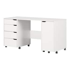 58.12 in. Pure White Rectangular 4 -Drawer Writing Desk with Casters