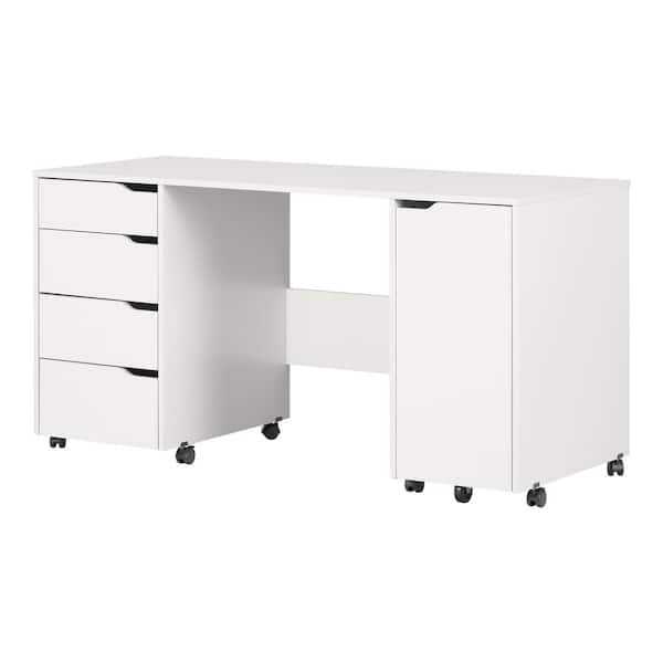 South Shore 58.12 in. Pure White Rectangular 4 -Drawer Writing Desk with Casters