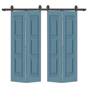 60 in. x 80 in. 3-Panel Shaker Hollow Core Dignity Blue Composite Double Bi-Fold Door with Barn Door Hardware Kit