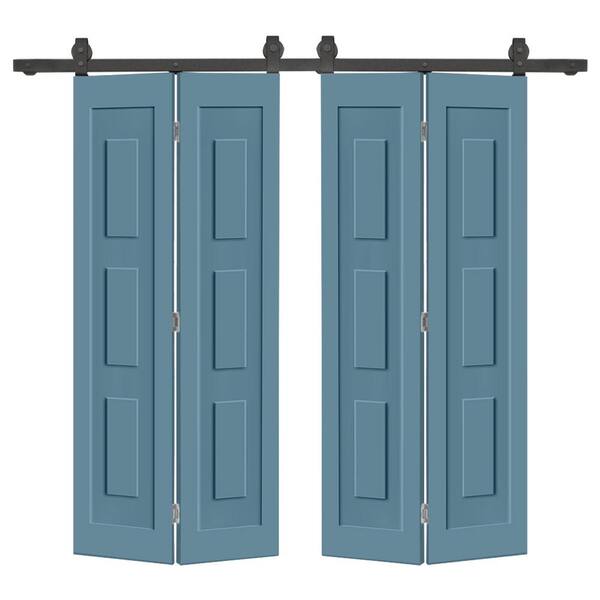 CALHOME 64 in. x 80 in. 3 Panel Shaker Hollow Core Dignity Blue Composite Double Bi-fold Door with Barn Door Hardware Kit