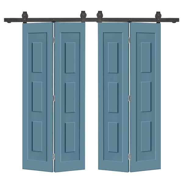 CALHOME 72 in. x 80 in. 3 Panel Shaker Hollow Core Dignity Blue Composite Double Bi-fold Door with Barn Door Hardware Kit