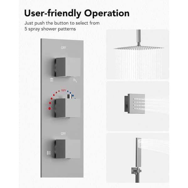 EVERSTEIN 5-Spray Patterns 12 in. Ceiling Mount Rainfall Shower Faucet with  6-Jet in Brushed Nickel (Valve Included) SFS1004-NK12