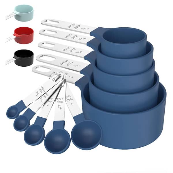 Adrinfly Premium 10-Piece Blue Plastic Measuring Cup Set with Stainless Steel Handle