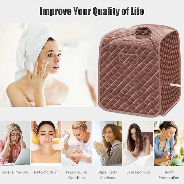 Portable 1-Person Steam Sauna with/9-Gear Adjustable Temperature and Herbal Box Brown
