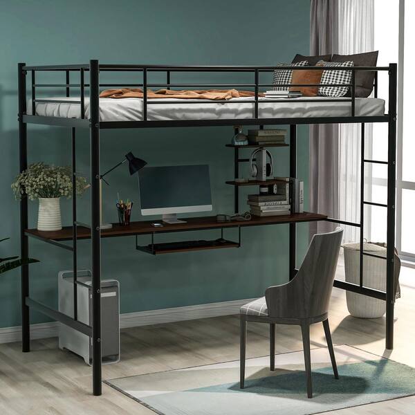 Qualfurn Black Space Saving Design Metal Loft Bed With Desk And Shelf Bwm193081b Qualfurn Black Space Saving Design, Loft Bed Desk Setup