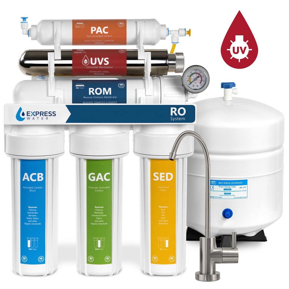 Ultraviolet RO Water Filtration System - 6 Stage UV Water Sterilizer - Faucet and Tank - 100 GPD w/ Pressure Gauge