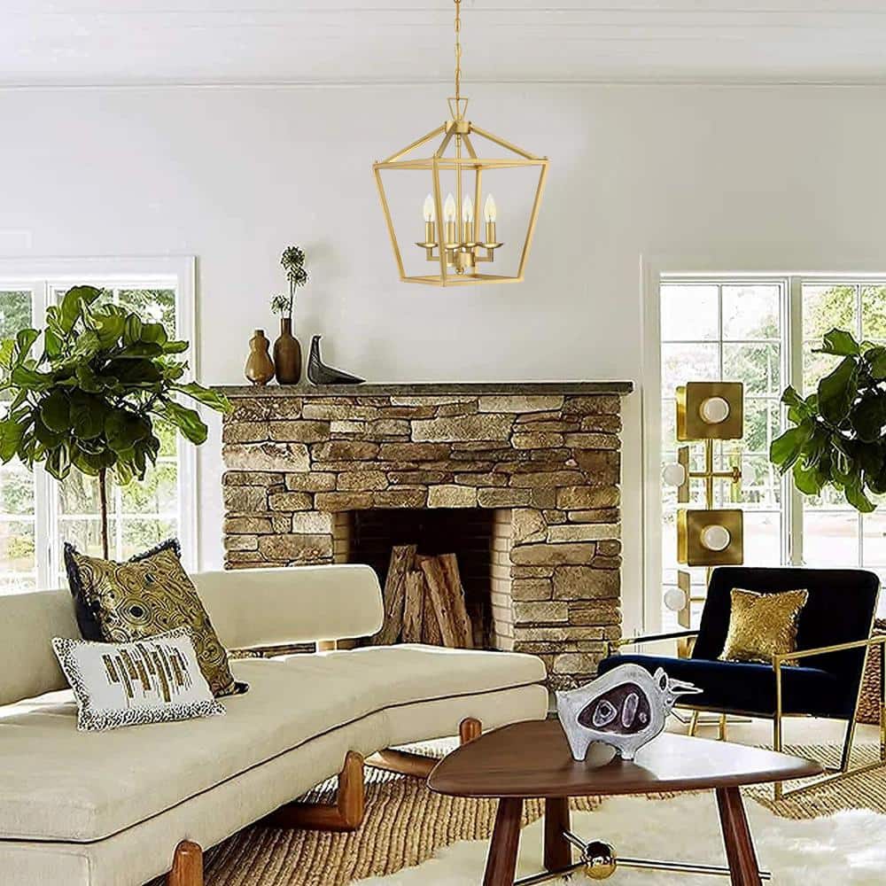 Soft Gold Geometric Metal Cage Pendant Light with 4 Candle Bulbs