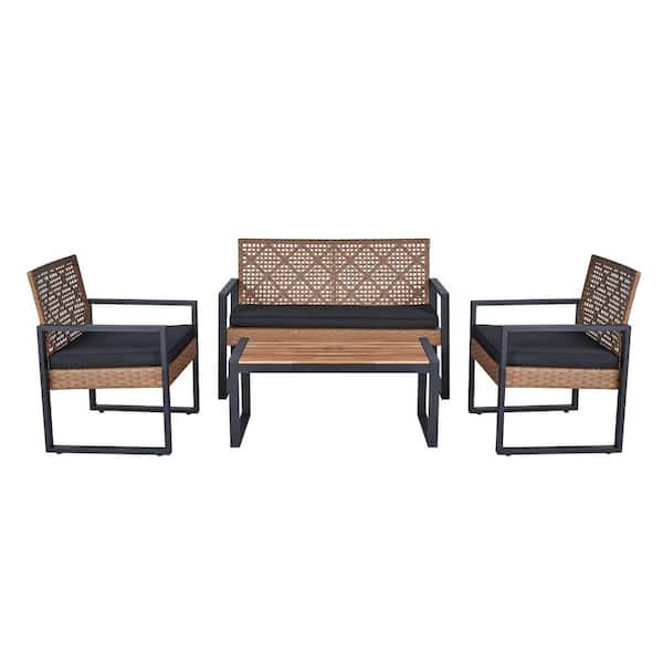 Light Brown 4-Piece Acacia Wood Patio Conversation Set with Black Cushions