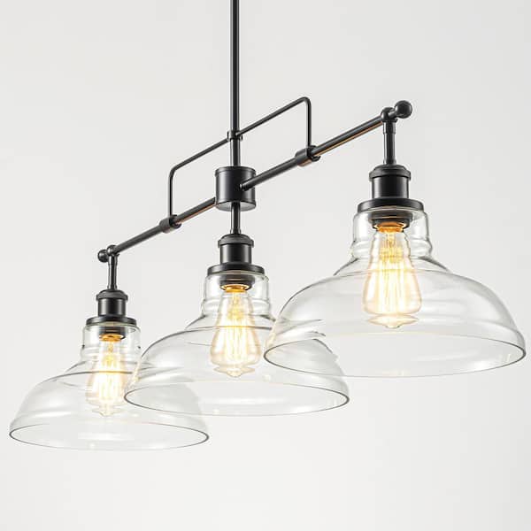 RRTYO Amandev 3-Light Black Industrial Modern Linear Hat-Shaped Dome Clear Glass Pendant Light