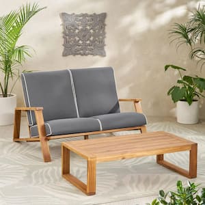 2-Piece Metal Wood Conversation Set with Gray Cushions