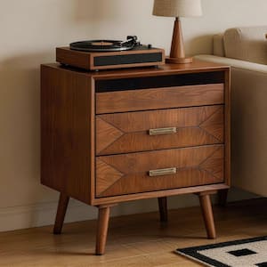 Walnut 3-Drawer Nightstand with Charging Station, Wood Bedside Table