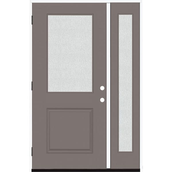 Steves & Sons Legacy 53 in. x 80 in. 1/2 Lite Rain Glass RHOS Primed Kindling Finish Fiberglass Prehung Front Door w/14 in. SL