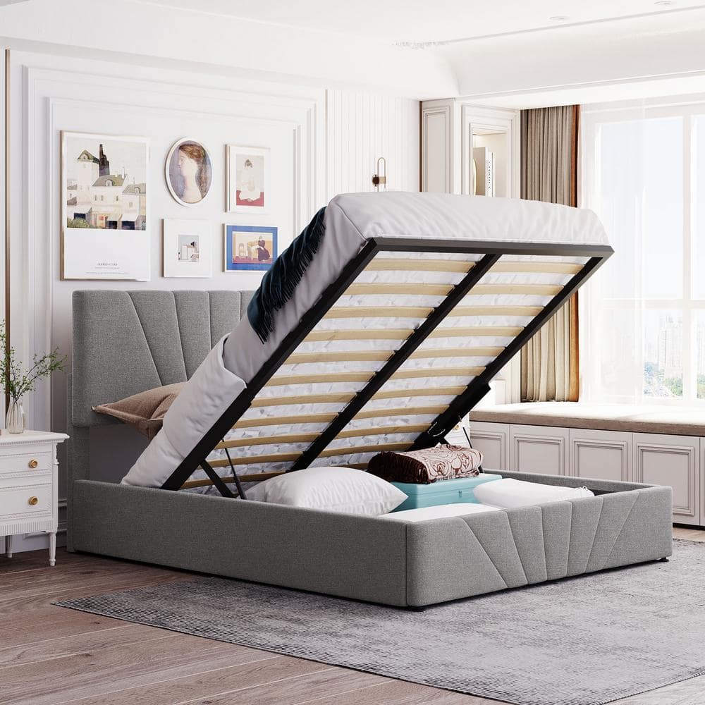 Harper & Bright Designs 64.7 in. W Gray Queen Linen Wood Frame Platform Bed