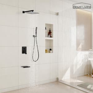 1-Spray Patterns with 2 GPM 12 in. Wall Mount Dual Shower Heads with Tub Spout and Pressure Balance Valve in Matte Black