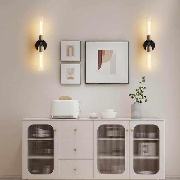 5 in. x 22 in. 2-Light Black and Gold Wall Sconce, Clear Glass Vanity Lights(Set of 2)for Bathroom, Living Room, Bedroom