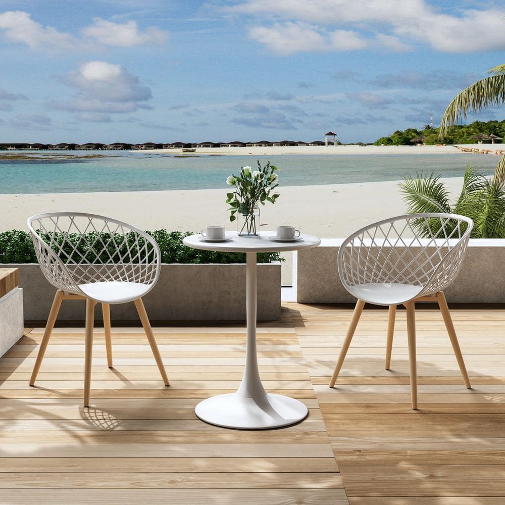 Modern White & Natural Wood Contoured Arm Chair, Set of 2