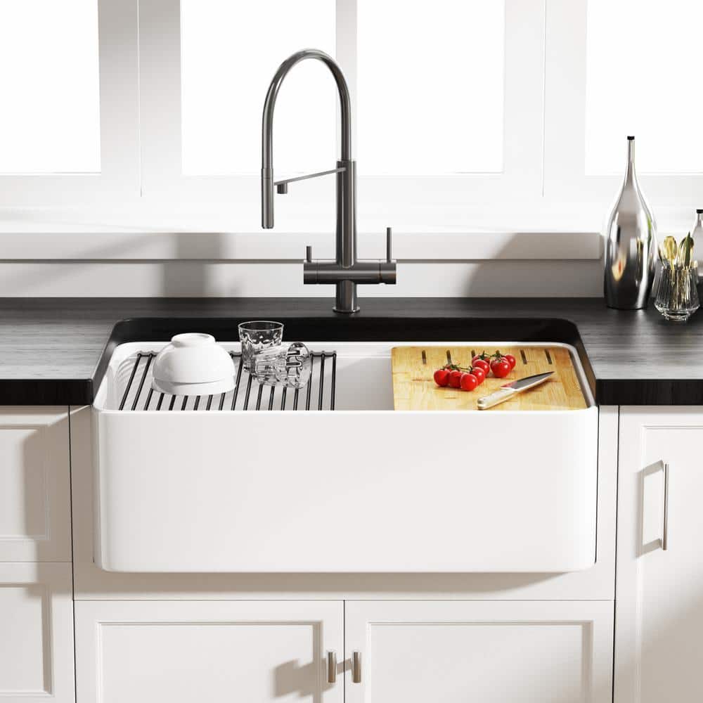 Eridanus Yorkshire Crisp White Fireclay 30 Single Bowl Farmhouse Apron Workstation Kitchen Sink with Accessories ERI-FS-144W - Home