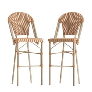 46 in. White/Natural Mid-Back Metal Bar Stool with Rattan Seat (Set of 2)