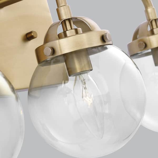 Bryce 21.75 in. 3-Light Satin Brass Modern Industrial Bathroom Vanity Light with Clear Round Globe Glass Shades