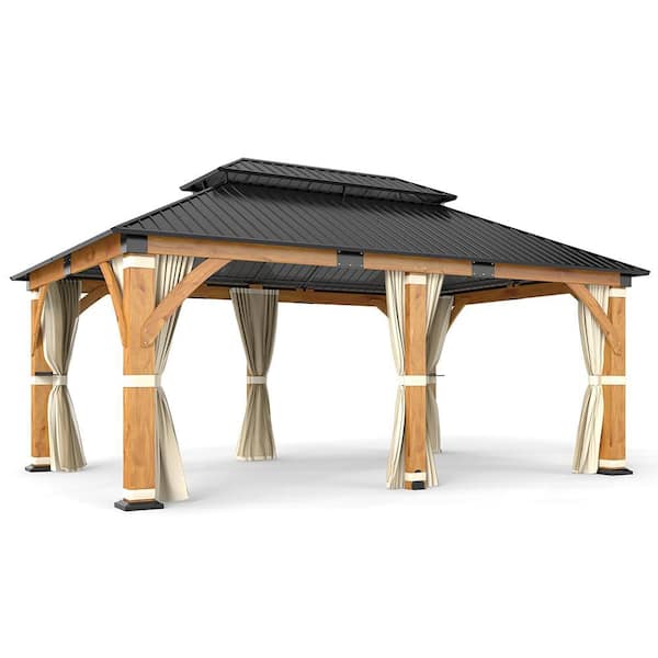 12 ft. x 20 ft. Hardtop Spruce Gazebo, Double Galvanized Steel Roof Gazebo with Curtains for Garden, Poolside, Backyard