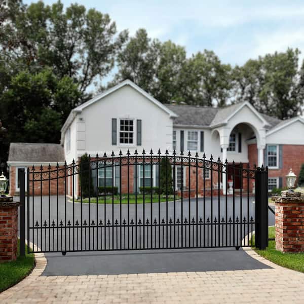 Prague Style 14 ft. x 6 ft. Black Steel Single Slide Driveway Fence Gate