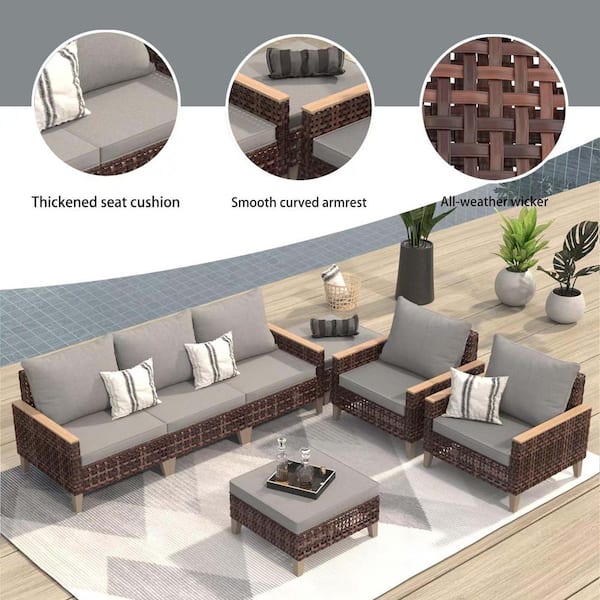 Zeus Ruta 7 Pieces Brown Wicker Outdoor Sectional Sofa Set Rattan High Back with Ottomans and Grey Cushions for Patio W1126 CY21
