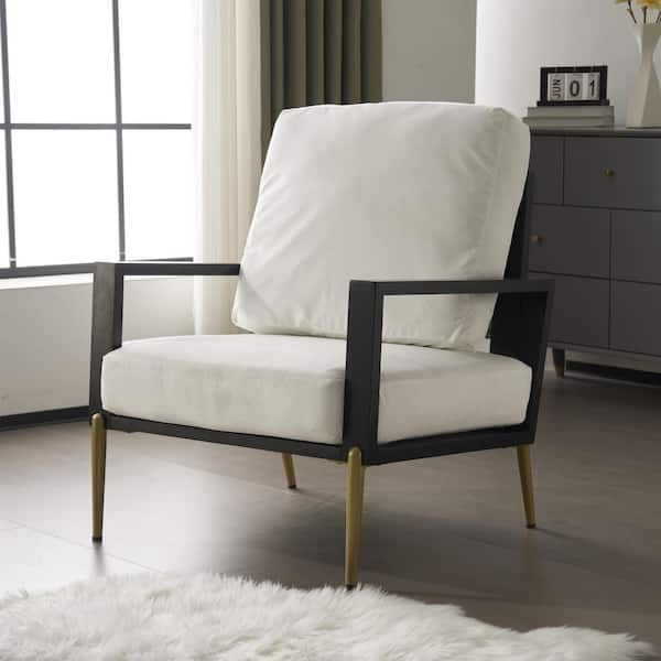 White Retro Rubberwood Frame Low Back Floral Print Velvet Accent Armchair with Gold Metal Legs and Pillow Back