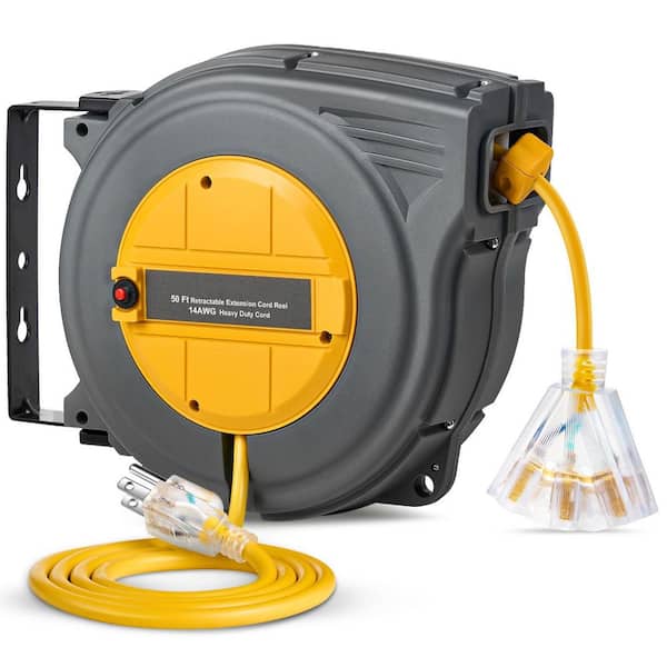 50 ft. 14AWG / 3C 13 Amp Extension Cord Reel with Retractable Power Cord, Triple Tap Outlets for Garage Workshop