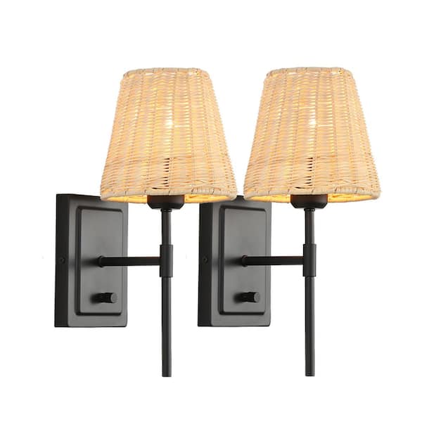 MLiAN 14.7 in. 2-Light Black Wall Sconce Rattan Wrapped Wall Lamp