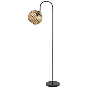 62.5 in. Black 1 Dimmable (Full Range) Standard Floor Lamp for Living Room with Rattan Round Shade