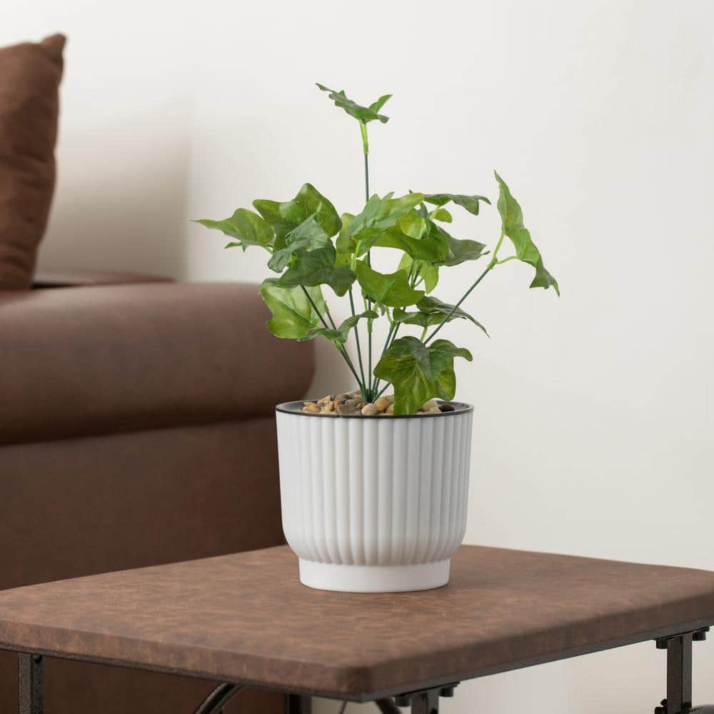 White Ribbed Plastic Self-Watering Indoor/Outdoor Flower Pot Set