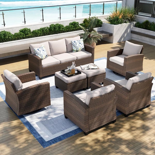PHI VILLA Brown Rattan Wicker 9 Seat 7-Piece Steel Patio Outdoor Sectional Set with Beige Cushions,2 Swivel Chairs,2 Ottomans