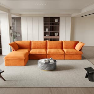 162.95 in. Flared Arm 5-Seater Linen L-Shaped Down-Filled Modular Free Combination Sofa with Ottoman in Orange