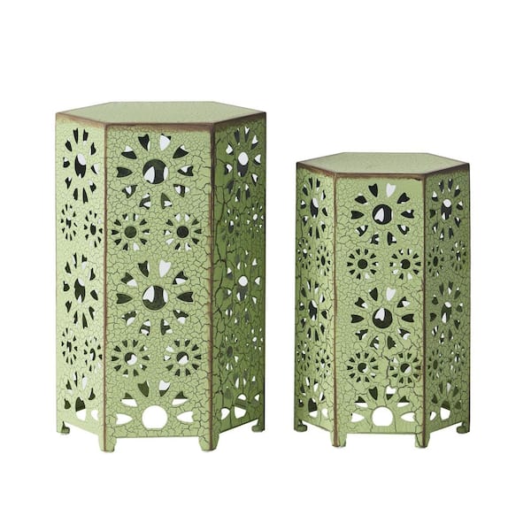 Green Hexagon Iron 22 in. H and 18.5 in. H Outdoor Side Tables for Patio, Garden, Backyard