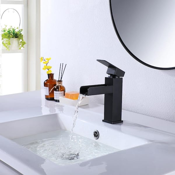 Single Handle Single Hole Square Deck Mount Bathroom Faucet with Deckplate Included in Matte Black